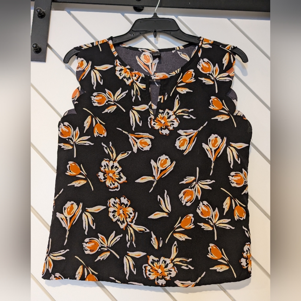Shein Black & Orange Floral Print Blouse with Keyhole & Scalloped Sleeve